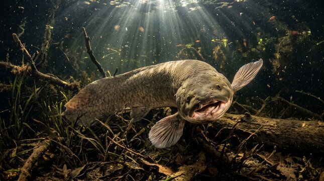 Underwater view of lungfish in a natural aquatic habitat