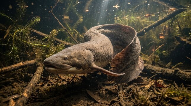 Underwater view of a lungfish in a natural aquatic habitat