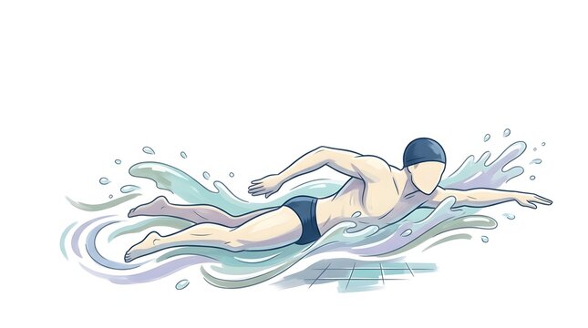 Illustration of a male athlete swimming freestyle in a pool with splashing water waves