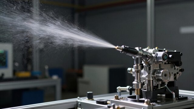 Precision fuel injector sprays fine mist during rigorous performance testing inside a high-tech industrial laboratory environment.