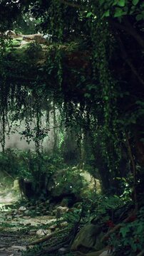 Lush greenery surrounds a serene pathway, dappled with soft light filtering through leaves. Nature thrives in this tranquil scene as shadows dance among rocks and vines.