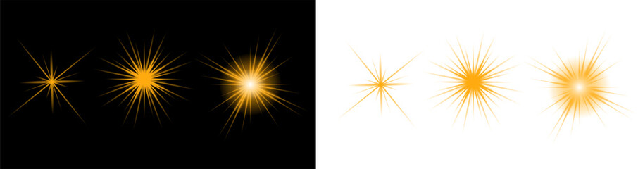 Fototapeta premium Golden Sparkle Stars and Lens Flare Effect Vector Elements on Black and White Backgrounds