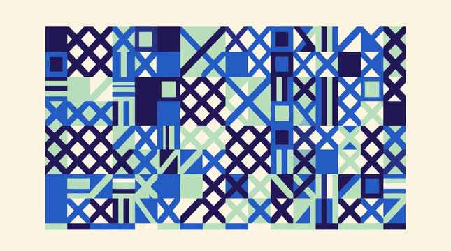 Geometric mosaic vector composition with abstract shapes and patterns in blue and green tones