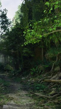 Sunlight filters through thick green leaves, illuminating a winding trail in a peaceful forest. The air is fresh, and vibrant plants surround the path, inviting exploration and tranquility.