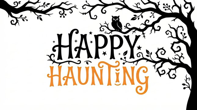Happy haunting text with a spooky black tree and owl silhouette