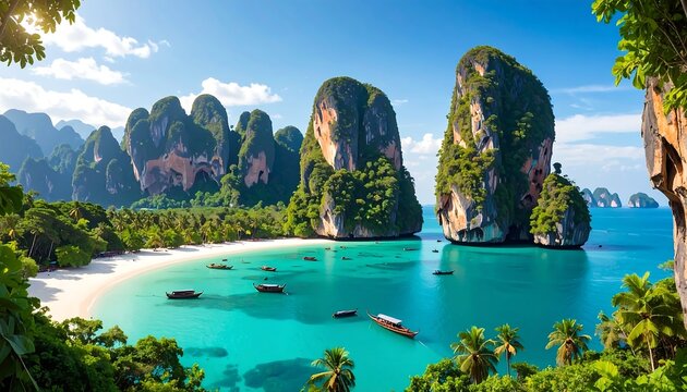 Tropical beach with limestone karst islands and turquoise water.