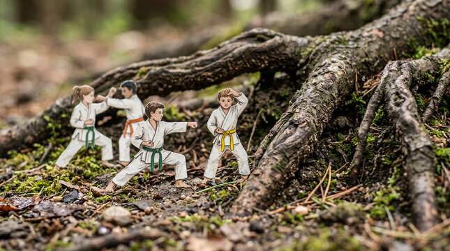 Martial artists practice karate moves near tree roots in a forest setting with paper cutouts.