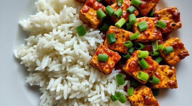 Top view of healthy vegan meal with white rice, glazed roasted tofu cubes in savory tomato sauce garnished with chopped green onions. Nutritious plant based bowl prepared for tasty dinner served on