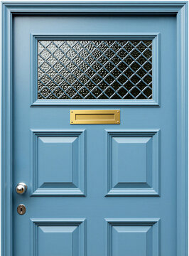 Light blue front door with brass letterbox and diamond patterned window. Classic entrance with four panels and silver handle. Architectural detail for home exterior.