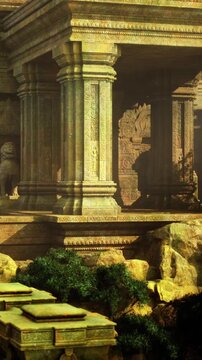 Giant stone pillars rise majestically in a lush setting, hinting at a rich heritage. Carvings and details tell tales of the past, while nature embraces the ruins with vibrant life.
