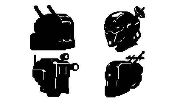 Four distinct robotic heads pixel art 2x2 grid varying profiles flat vector illustration