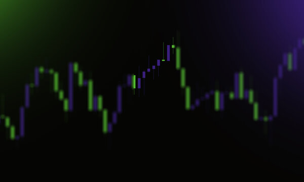 Blurred financial trading chart with purple and green candlesticks on a dark, minimalist background, suggesting market fluctuations.