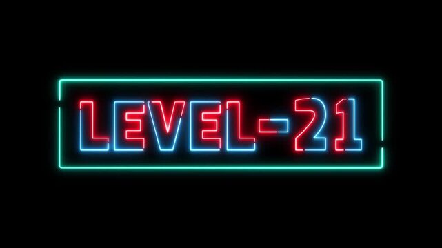 level-21 glowing neon text animation. Glowing level-21 text with glitch effects animation. game concept next level icon. Animation of level-21 title animation.