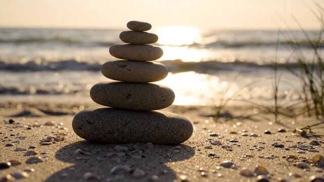 Zen stone stack balancing on a sandy beach during a golden sunset