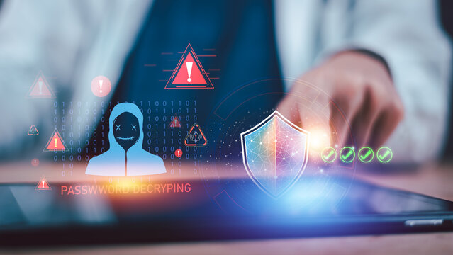 A cybersecurity specialist monitors password attacks, hacking threats, intrusion attempts, data breaches, malware risks, threat detection, network defense, access security to protect digital systems.