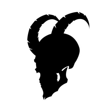 Demonic skull silhouette with curved horns, black devil head vector icon, gothic monster profile for gaming and metal branding