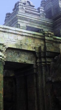 Majestic stone temple reveals intricate carvings as mist envelops its structure, creating an enchanting scene of history and nature. Sunlight peeks through, illuminating its beauty.