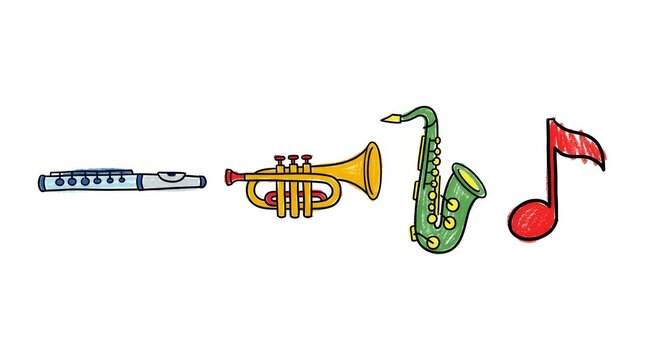 Hand Drawn Musical Instruments and Note Set on White Background