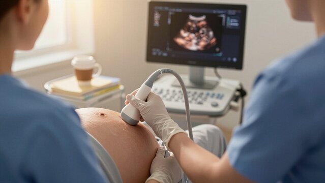 A healthcare professional performs a pregnancy ultrasound examination on a pregnant woman, capturing fetal development through medical imaging technology in a clinical setting.