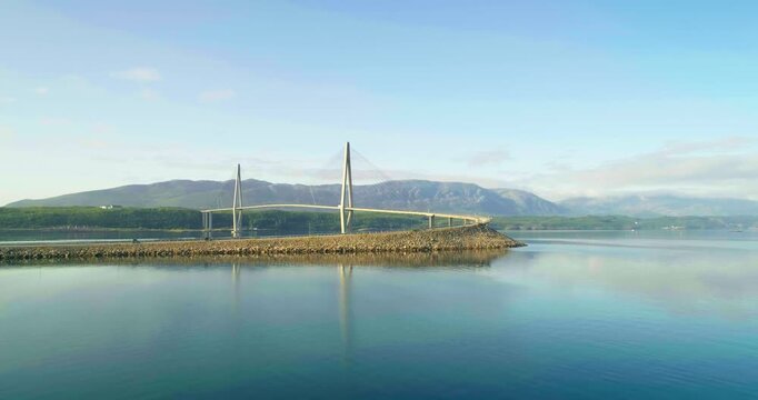 Slow Drone Approach to Reflected Helgeland Bridge in Leirfjorden, Norway