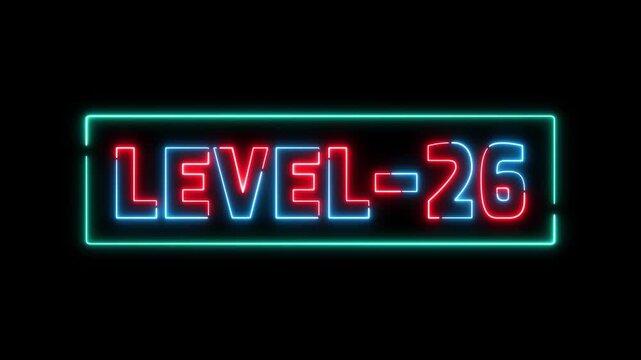 level-26 glowing neon text animation. Glowing level-26 text with glitch effects animation. game concept next level icon. Animation of level-26 title animation.