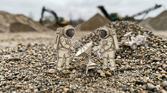 Astronauts explore a rocky terrain while standing near a satellite dish and a small lunar rover.