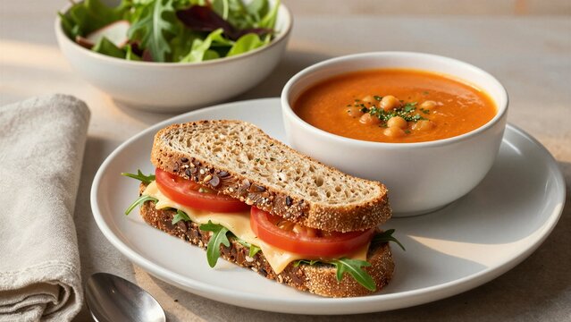 A fresh vegetarian sandwich with tomato, cheese, and arugula served alongside a bowl of chickpea soup and a side salad on a white plate.
