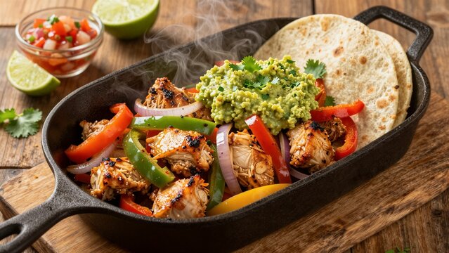 Sizzling chicken fajitas with colorful bell peppers and onions served hot in a cast iron skillet alongside fresh guac, tortillas, lime wedges, and pico de gallo on rustic wooden table.