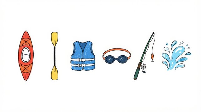 Set of Hand Drawn Water Sports and Outdoor Recreation Gear Icons