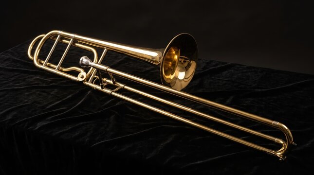 Elegant Golden Trombone on Black Velvet Background for Musical Themes and More