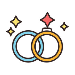 Stylized wedding rings illustration with sparkling decorations on black