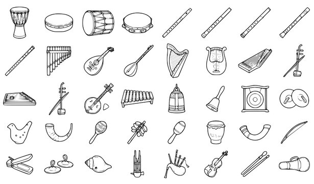 Traditional musical instruments set, ethnic acoustic instruments collection, folk music tools, world music equipment black line vector icons set isolated on white background