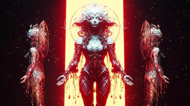 Futuristic cyber goddess ethereal 3d animation, 3d video, VJ , loop, DJ visual art background with glowing orange light portal and dark cosmic fantasy