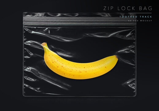 Zip Lock Bag Mockup Template - Clear Plastic Zip Lock Poly Bag Packaging PSD with Smart Object and Toothed Zip Track on Dark or Light Background