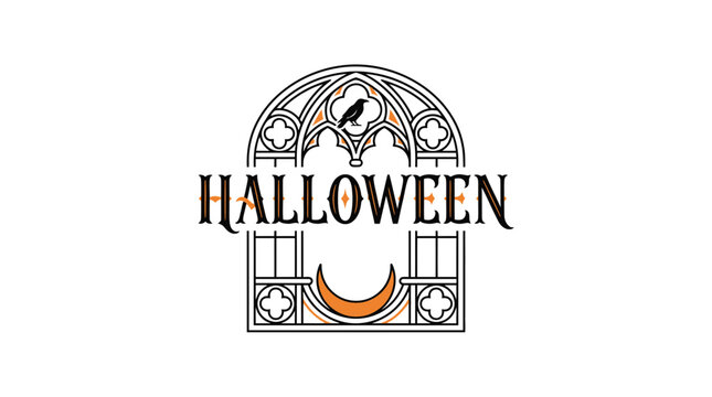 Gothic Halloween medieval fantasy logo design, retro occult emblem, haunted moon arch symbol, vintage spooky typography for branding and cards isolated on White Background Halloween