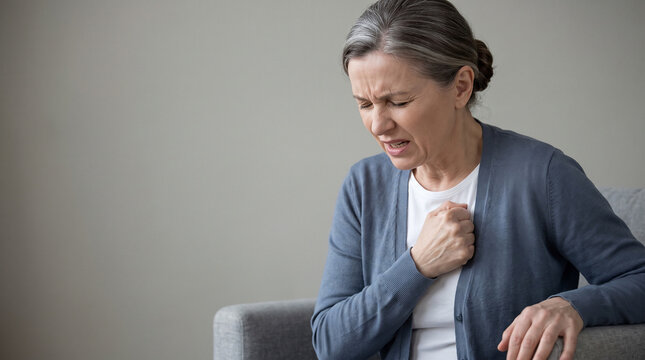 Senior woman holding chest suffering from sudden heart attack or pain at home, elderly female patient having breathing difficulty and cardiovascular disease healthcare concept