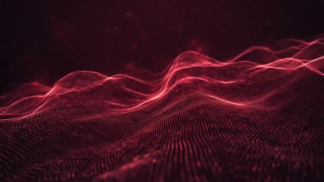 Dynamic digital wave patterns with glowing red lines highlighting the fluid motion of abstract data visualization and