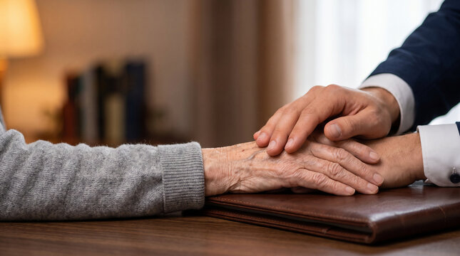 Lawyer or consultant holding hands of senior client over leather document folder to show empathy support and trust, elder law and retirement inheritance contract agreement