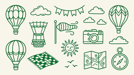 A collection of charming, hand-drawn green line art icons depicting elements of travel and outdoor leisure activities. © logan