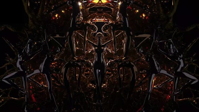 Futuristic cyber goddess ethereal 3d animation, 3d video, VJ , loop, DJ visual art background with glowing orange light portal and dark cosmic fantasy