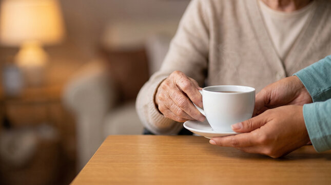 Caregiver or volunteer serving hot cup of tea to senior woman at home, hands of nurse giving warm drink to elderly patient showing care empathy and compassion in nursing home