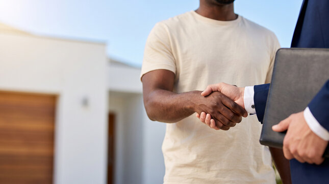 Real estate agent shaking hands with black man buyer in front of modern house, property developer or broker closing deal agreement on new home purchase or mortgage loan