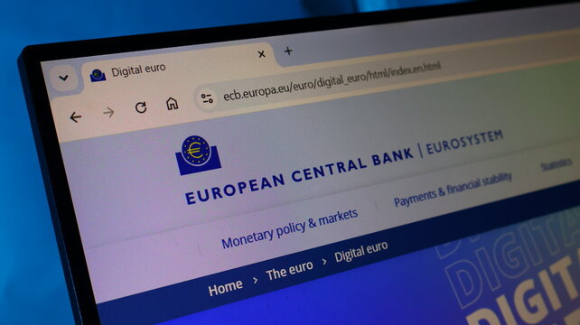 European central bank website homepage displayed on computer monitor screen showcasing digital euro information.