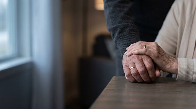 Senior couple holding hands with wedding rings on wooden table to show love and support, elderly husband comforting wife in nursing home, healthcare and family loyalty concept