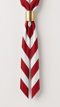 Scout neckerchief with red and white diagonal stripes features a golden woggle ring.