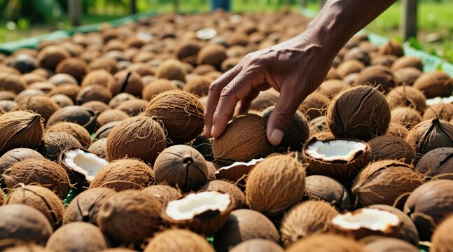Farmer hand arranges coconut kernels for drying on farm field. Tropical plantation worker processes organic fruits under sunlight. Natural copra production involves gathering harvest for food