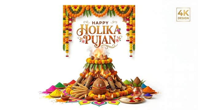 Happy Holika Pujan Greeting Card with Traditional Bonfire and Marigold Floral Decorations