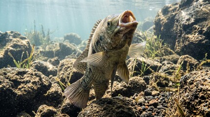 Obraz premium Underwater view of fish swimming among rocks and plants in clear water