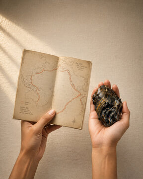 Ring fire map hand stone travel vintage exploration adventure old journey navigation discovery ancient geography route guide paper brown textured