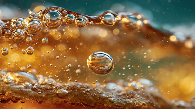 Golden oil bubbles in liquid functional abstract background macro